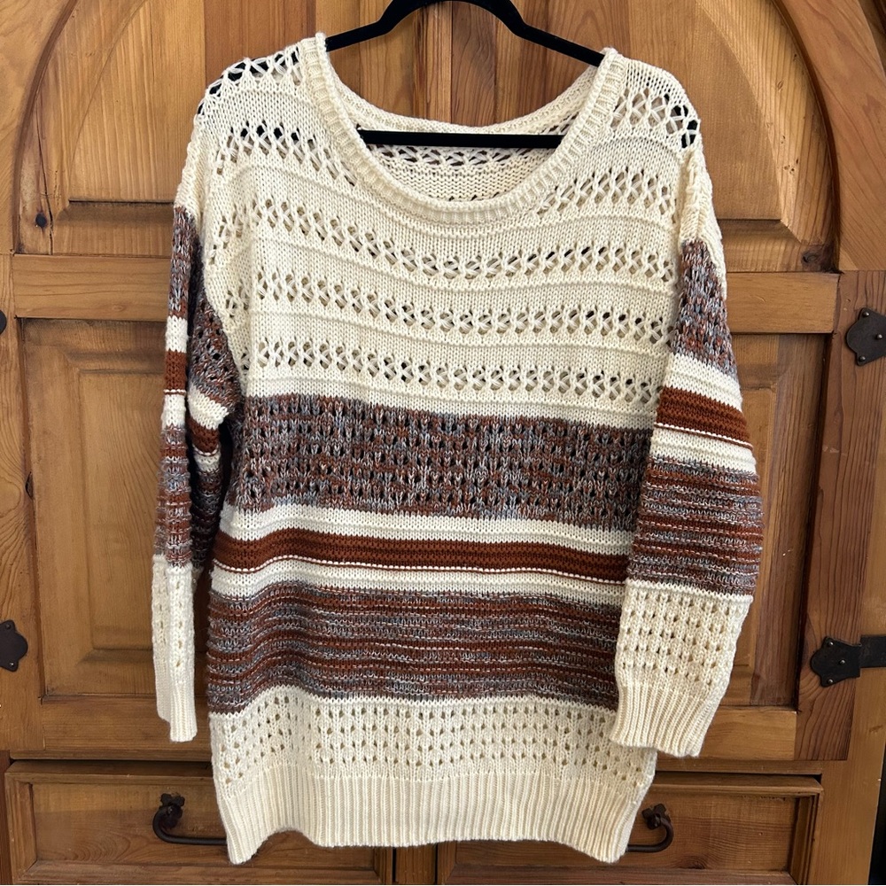 Unbranded - Beautiful Open Knit Cream, Grey, and Brown Sweater - Size Large